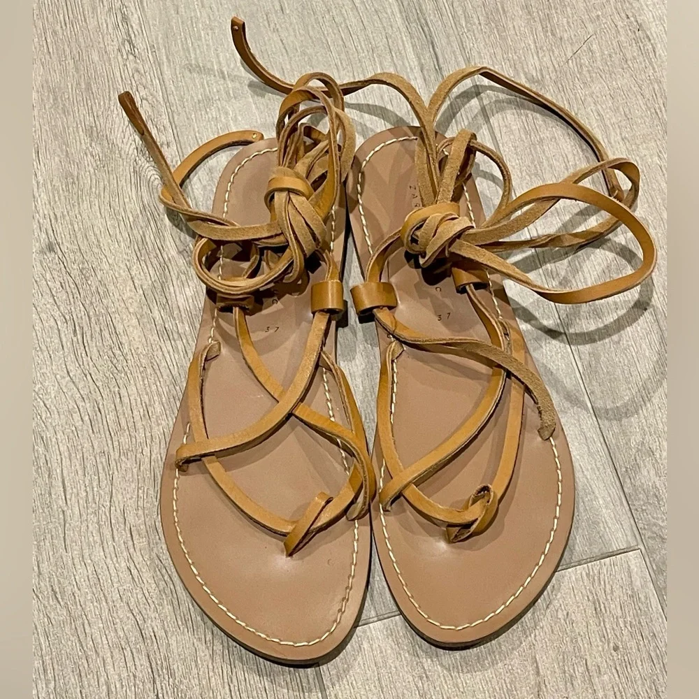 Zara Lace Up Tie Flat Tan Brown Leather Boho Gladiator Sandals size 7 - Picture 4 of 6